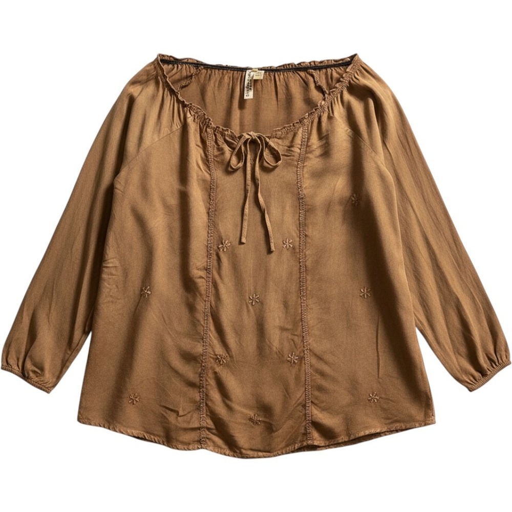 Studio West Blouse Women M Brown Embroidered Tie Neck Blouse Boho Hippie Western